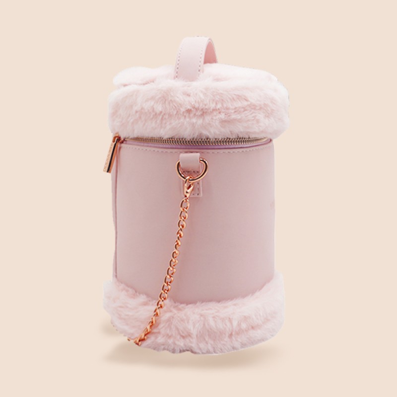 Pink Plush Cylinder Elegant Shoulder Portable Makeup Storage Bag