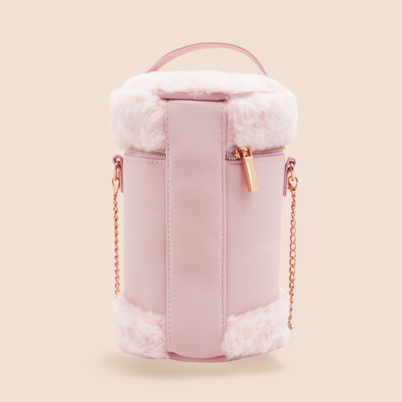 Pink Plush Cylinder Elegant Shoulder Portable Makeup Storage Bag