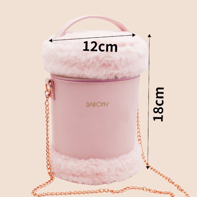 Pink Plush Cylinder Elegant Shoulder Portable Makeup Storage Bag